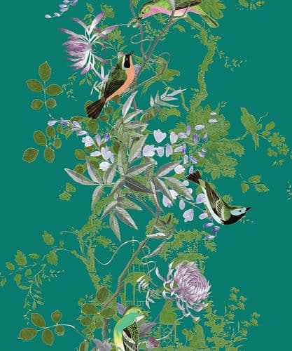 Jardin des Oiseaux Chinoiserie/Bleu Chinois velvet by the metre