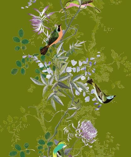 Jardin des Oiseaux Chinoiserie/Chartreuse velvet by the metre
