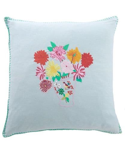 Large embroidered flowers in vase cushion by Rice