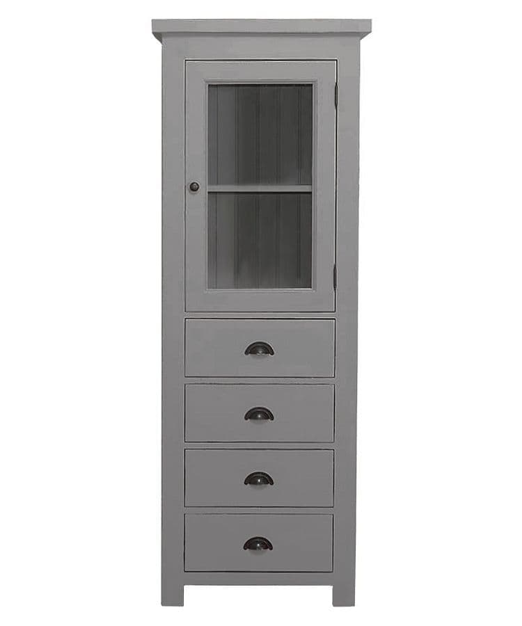 New Country custompainted narrow glazed cupboard with 4 drawers