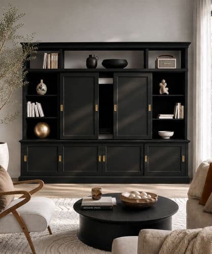 Hidden TV Media Wall Bookcase with Sliding Doors
