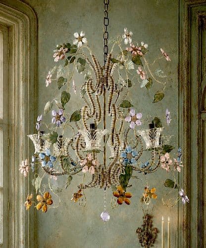Vintage Floral Beaded Chandelier Hand-Painted Tole & Crystal