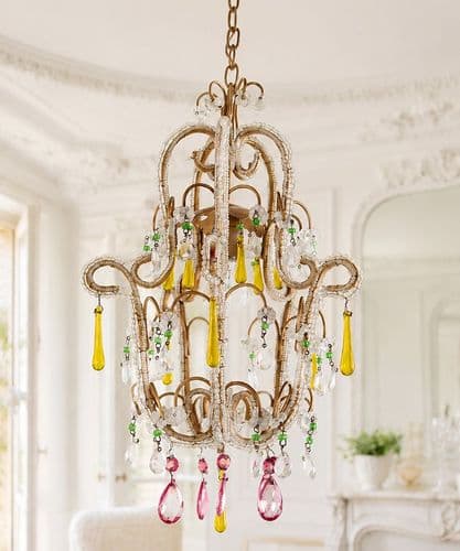 Vintage French beaded crystal chandelier with coloured drops - SOLD