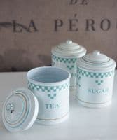Vintage French style enamel tea, coffee & sugar canisters