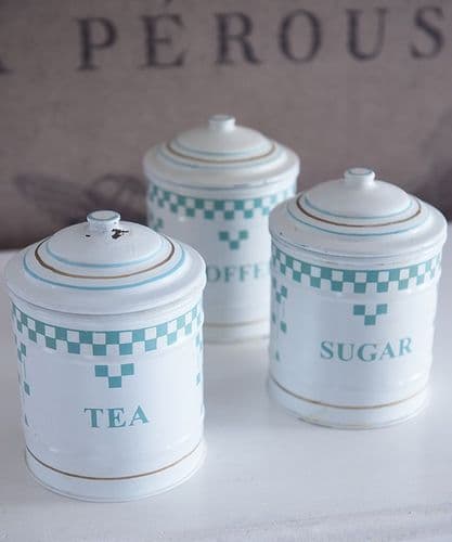 Vintage French style enamel tea, coffee & sugar canisters