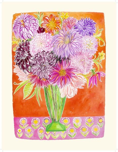 Vase of dahlias on a flowery tablecloth  No11