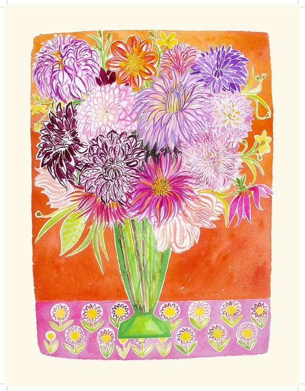 Vase of dahlias on a flowery tablecloth  No11