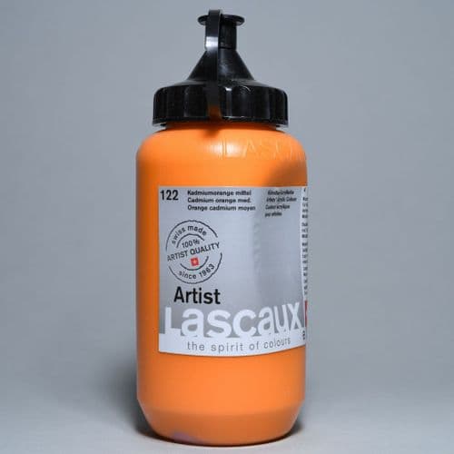122 Cadmium Orange Medium. Lascaux Artists' Acrylic, 390ml bottle