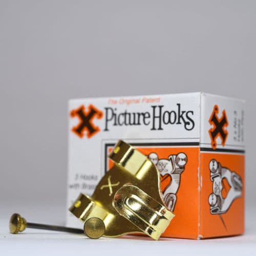 12806. Picture Hooks. No.3 Double Pin. 3 brass hooks & tempered steel pins, 'X' Brand, boxed