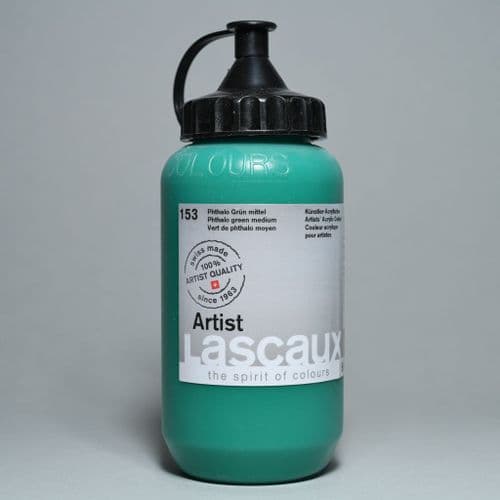 153 Phthalo Green Medium. Lascaux Artists' Acrylic, 390ml bottle