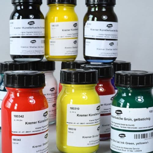 180991 Shellac Ink assortment. Kremer, 10 x 100ml glass jars