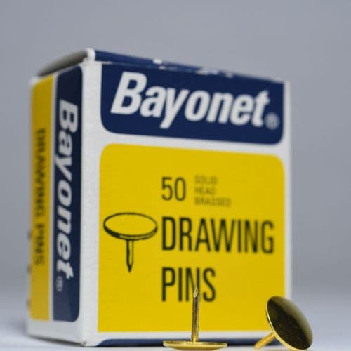 40219. Drawing Pins. Bayonet, Brassed Solid Head. 50 pins, boxed