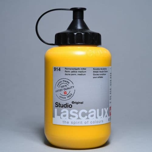 914 Permanent Yellow Medium, PY83 PW6. Lascaux Studio Acrylic, 500ml bottle