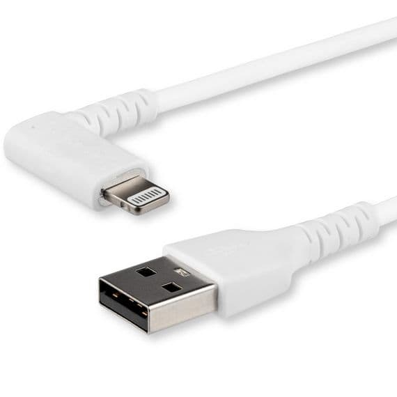 Apple lightning USB charge cable. Two metres in length with angled head in white
