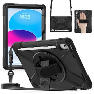 Rugged case for Apple 10.9 2022 iPad with hand & shoulder strap & glass screen protector