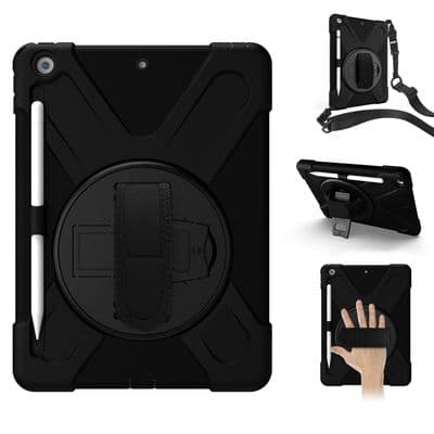 Rugged case for iPad 10.2 2018 with hand/shoulder strap, stand & glass screen protector