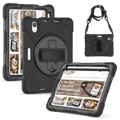 Rugged case for the iPad mini 7 with hand & shoulder strap, kick stand and glass screen protector
