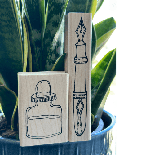 Art from the Heart - Wood Mounted Rubber Stamp - Ink Bottle , Fountain Pen Set & Ink Pad Set