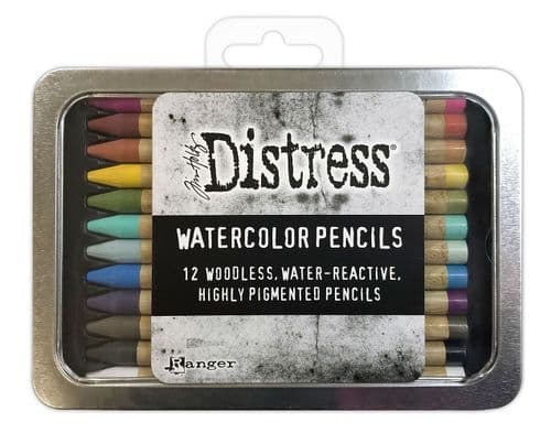 Tim Holtz Watercolor Pencil Bundle - Black Soot, Picket Fence & Scorched Timber With Storage Tin