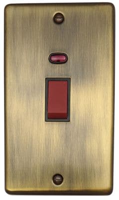 G&H CAB28B Standard Plate Antique Brass 45 Amp DP Cooker Switch & Neon Vertical Plate