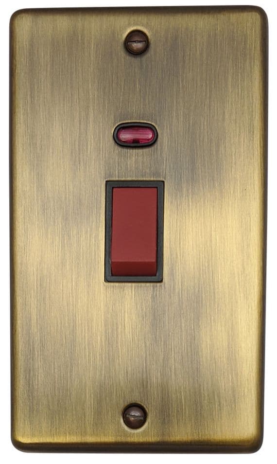 G&H CAB28B Standard Plate Antique Brass 45 Amp DP Cooker Switch & Neon Vertical Plate