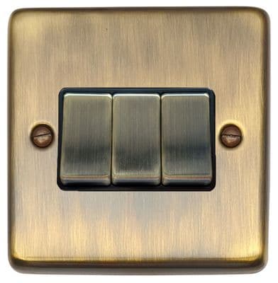 G&H CAB303 Standard Plate Antique Brass 3 Gang 1 or 2 Way Rocker Light Switch