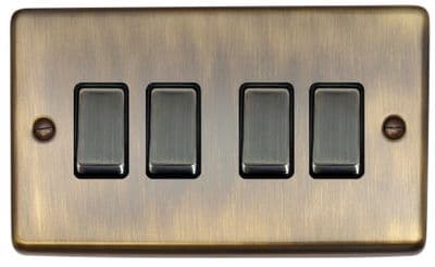 G&H CAB304 Standard Plate Antique Brass 4 Gang 1 or 2 Way Rocker Light Switch