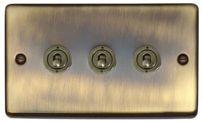 G&H CAB383-AB Standard Plate Antique Brass 3 Gang 1 or 2 Way Toggle Light Switch