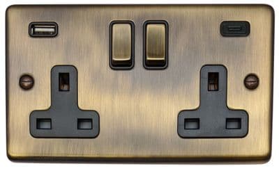 G&H CAB3911 Standard Plate Antique Brass 2 Gang Double 13A Plug Socket 3.1A USB A + C