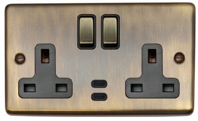 G&H CAB3913 Standard Plate Antique Brass 2 Gang Double 13A Plug Socket Dual 4.2A USB C