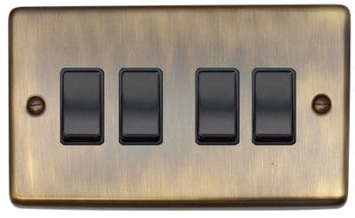G&H CAB4B Standard Plate Antique Brass 4 Gang 1 or 2 Way Rocker Light Switch