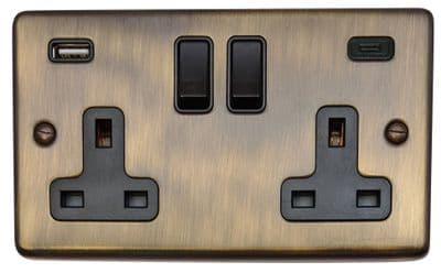 G&H CAB911B Standard Plate Antique Brass 2 Gang Double 13A Plug Socket 3.1A USB A + C