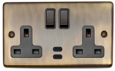 G&H CAB913B Standard Plate Antique Brass 2 Gang Double 13A Plug Socket Dual 4.2A USB C