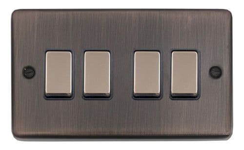 G&H CAC304 Standard Plate Antique Copper 4 Gang 1 or 2 Way Rocker Light Switch