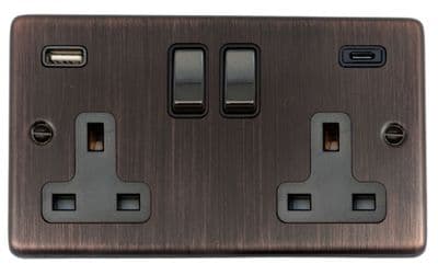 G&H CAC3911 Standard Plate Antique Copper 2 Gang Double 13A Plug Socket 3.1A USB A + C