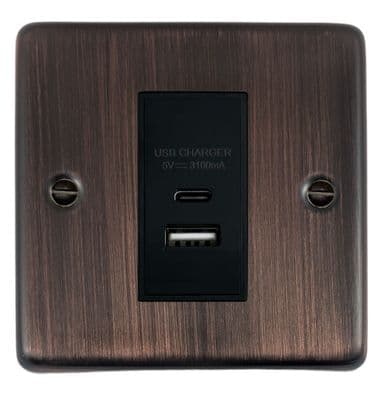 G&H CAC41B Standard Plate Antique Copper 1 Gang USB Charger 3.1A Dual USB A + C