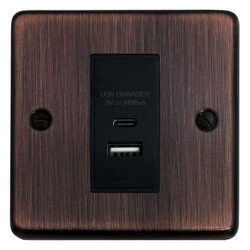 G&H CAC41B Standard Plate Antique Copper 1 Gang USB Charger 3.1A Dual USB A + C