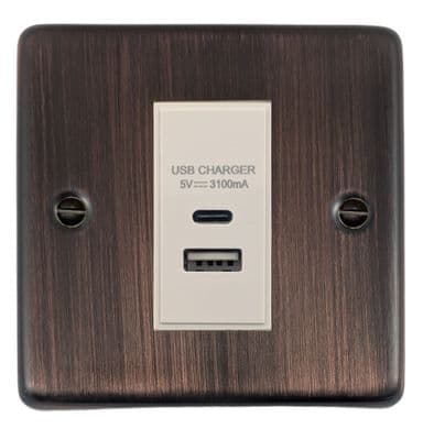 G&H CAC41W Standard Plate Antique Copper 1 Gang USB Charger 3.1A Dual USB A + C