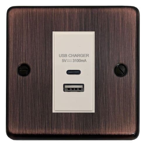 G&H CAC41W Standard Plate Antique Copper 1 Gang USB Charger 3.1A Dual USB A + C