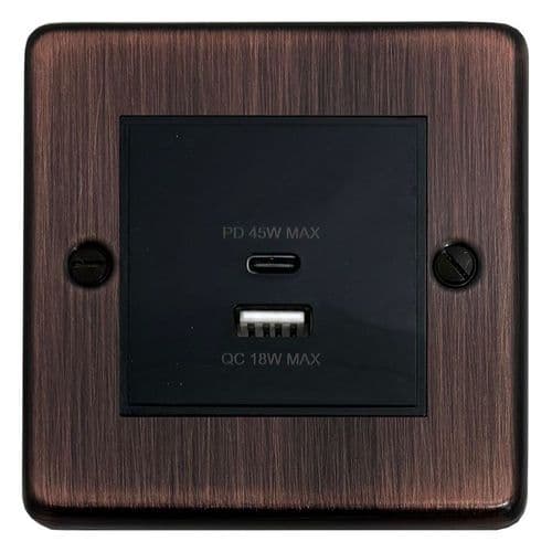 G&H CAC43B Standard Plate Antique Copper 1 Gang USB Quick Charge 45W Dual USB A + C