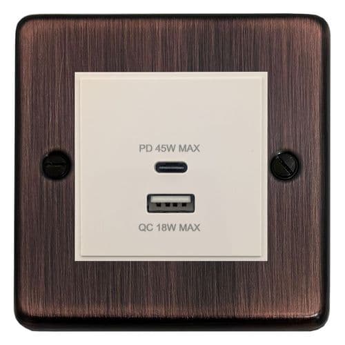 G&H CAC43W Standard Plate Antique Copper 1 Gang USB Quick Charge 45W Dual USB A + C