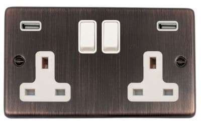 G&H CAC910W Standard Plate Antique Copper 2 Gang Double 13A Switched Plug Socket 2.1A USB
