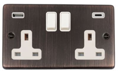 G&H CAC911W Standard Plate Antique Copper 2 Gang Double 13A Plug Socket 3.1A USB A + C