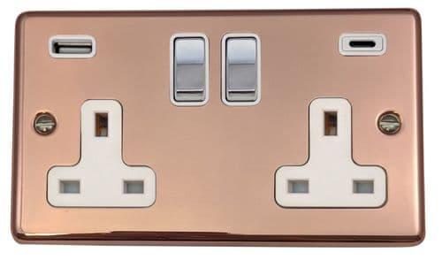 G&H CBC2911 Standard Plate Bright Copper 2 Gang Double 13A Plug Socket 3.1A USB A + C