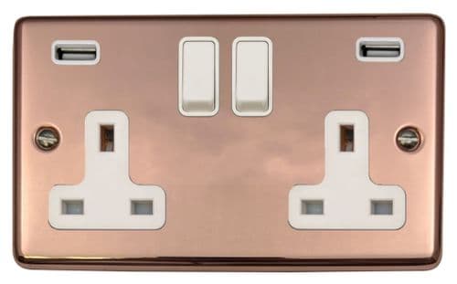 G&H CBC910W Standard Plate Bright Copper 2 Gang Double 13A Switched Plug Socket USB