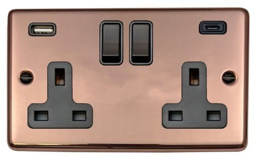 G&H CBC911B Standard Plate Bright Copper 2 Gang Double 13A Plug Socket USB A + C