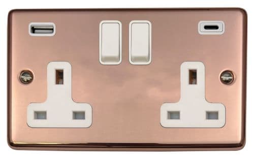 G&H CBC911W Standard Plate Bright Copper 2 Gang Double 13A Plug Socket USB A + C