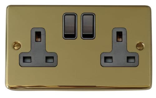 G&H CBUL10B Standard Plate Unlacquered Polished Brass 2 Gang Double 13A Switched Plug Socket