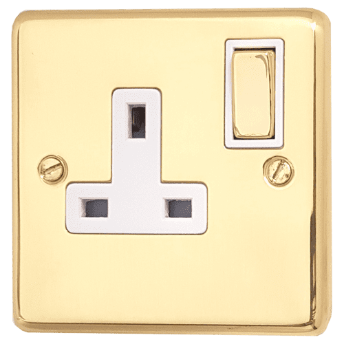 G&H CBUL209 Standard Plate Unlacquered Polished Brass 1 Gang Single 13A Switched Plug Socket