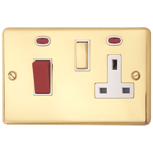G&H CBUL229 Standard Plate Unlacquered Polished Brass 45 Amp DP Cooker Switch & 13A Switched Socket